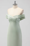 Sage Green Sheath Off the Shoulder Ruched Satin Long Bridesmaid Dress