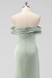 Sage Green Sheath Off the Shoulder Ruched Satin Long Bridesmaid Dress