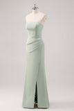 Mermaid Satin Strapless Ruched Sage Green Bridesmaid Dress with Slit