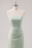 Mermaid Satin Strapless Ruched Sage Green Bridesmaid Dress with Slit