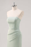 Mermaid Satin Strapless Ruched Sage Green Bridesmaid Dress with Slit