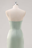 Mermaid Satin Strapless Ruched Sage Green Bridesmaid Dress with Slit