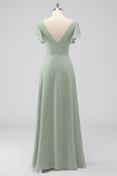 Sage Green A-Line V-Neck Chiffon Long Bridesmaid Dress with Slit