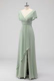 Sage Green A-Line V-Neck Chiffon Long Bridesmaid Dress with Slit