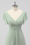 Sage Green A-Line V-Neck Chiffon Long Bridesmaid Dress with Slit
