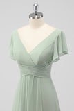 Sage Green A-Line V-Neck Chiffon Long Bridesmaid Dress with Slit