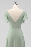 Sage Green A-Line V-Neck Chiffon Long Bridesmaid Dress with Slit