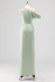 Sage Green Sheath One Shoulder Satin Ruched Long Bridesmaid Dress with Slit