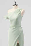 Sage Green Sheath One Shoulder Satin Ruched Long Bridesmaid Dress with Slit