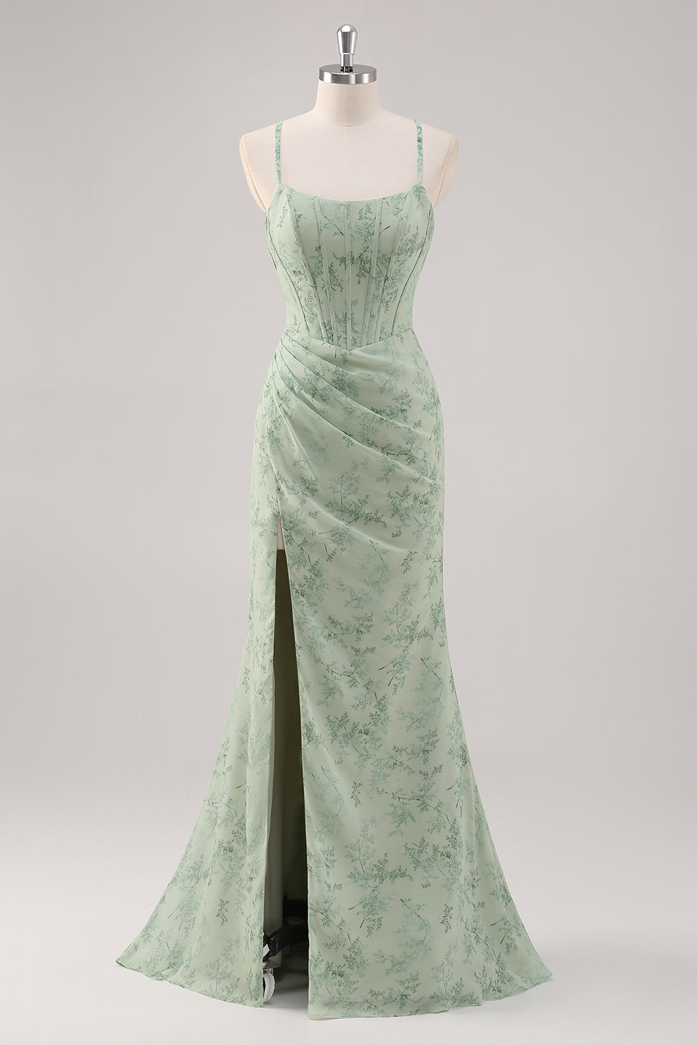 WEDTREND Women Green Floral Long Bridesmaid Dress with Slit Mermaid Lace-Up Back Corset Wedding Guest Dress WEDTREND Women Green Floral Long Bridesmaid Dress with Slit Mermaid Lace-Up Back Corset Wedding Guest Dress