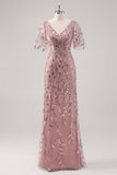 Dusty Rose Sheath V Neck Sequin Mother of the Bride Dress with Short Sleeves