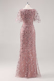 Dusty Rose Sheath V Neck Sequin Mother of the Bride Dress with Short Sleeves