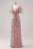 Dusty Rose Sheath V Neck Sequin Mother of the Bride Dress with Short Sleeves