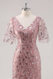 Dusty Rose Sheath V Neck Sequin Mother of the Bride Dress with Short Sleeves