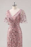 Dusty Rose Sheath V Neck Sequin Mother of the Bride Dress with Short Sleeves