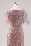 Dusty Rose Sheath V Neck Sequin Mother of the Bride Dress with Short Sleeves