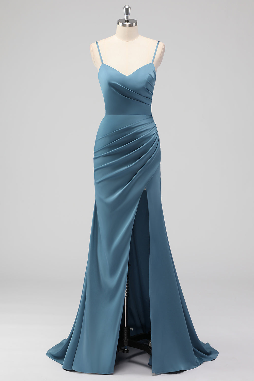 WEDTREND Women Dusty Blue Satin Long Bridesmaid Dress with Slit Mermaid Spaghetti Straps Pleated Formal Dress WEDTREND Women Dusty Blue Satin Long Bridesmaid Dress with Slit Mermaid Spaghetti Straps Pleated Formal Dress