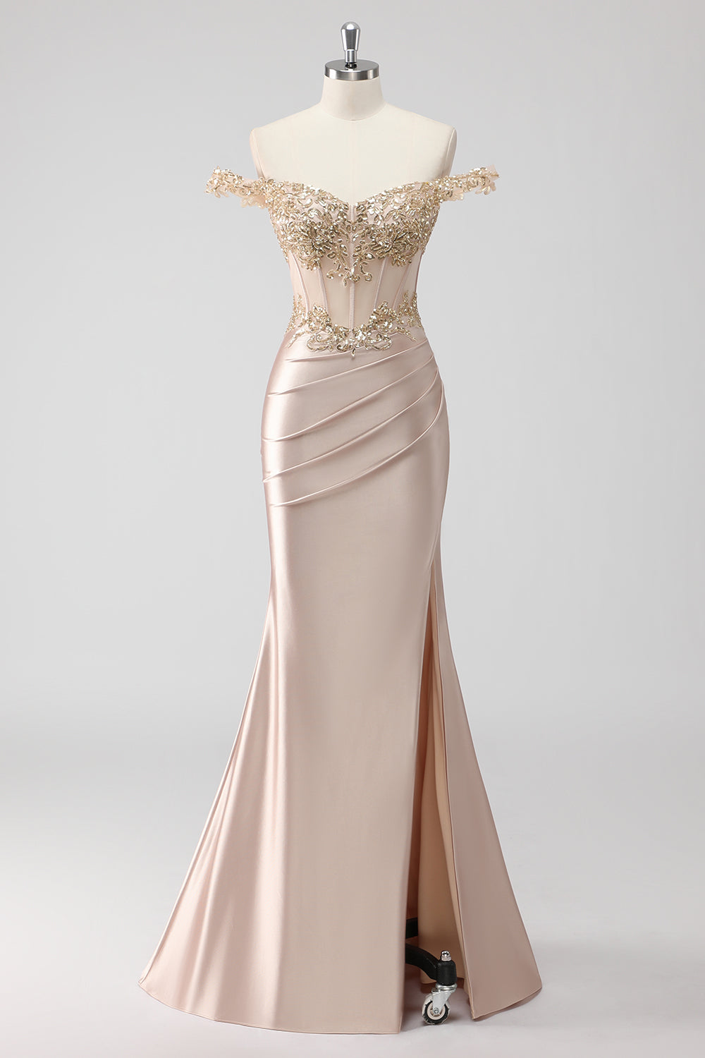 sparkly champagne prom dress WEDTREND Women Sparkly Champagne Prom Dress with Slit Mermaid Off the Shoulder Corset Appliqued Evening Dress