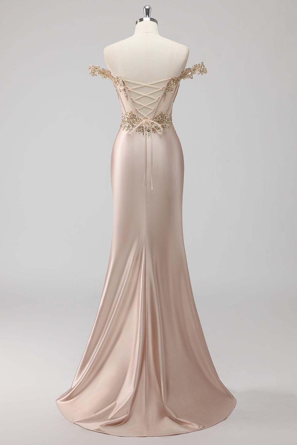 WEDTREND Women Sparkly Champagne Prom Dress with Slit Mermaid Off the Shoulder Corset Appliqued Evening Dress WEDTREND Women Sparkly Champagne Prom Dress with Slit Mermaid Off the Shoulder Corset Appliqued Evening Dress