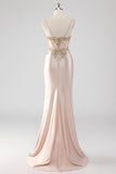 Sparkly Champagne Corset Appliqued Long Prom Dress with Slit