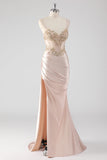 Sparkly Champagne Corset Appliqued Long Prom Dress with Slit