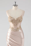 Sparkly Champagne Corset Appliqued Long Prom Dress with Slit