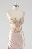 Sparkly Champagne Corset Appliqued Long Prom Dress with Slit