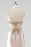 Sparkly Champagne Corset Appliqued Long Prom Dress with Slit