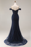 Off the Shoulder Navy Mermaid Applique Long Prom Dress