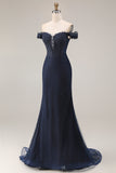 Off the Shoulder Navy Mermaid Applique Long Prom Dress
