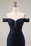 Off the Shoulder Navy Mermaid Applique Long Prom Dress