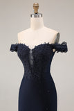 Off the Shoulder Navy Mermaid Applique Long Prom Dress