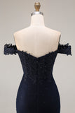 Off the Shoulder Navy Mermaid Applique Long Prom Dress