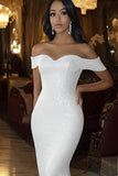 White Mermaid Off the Shoulder Sequins Long Wedding Dress