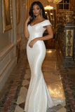 Sparkly White Mermaid Off the Shoulder Long Wedding Dress with Sequins