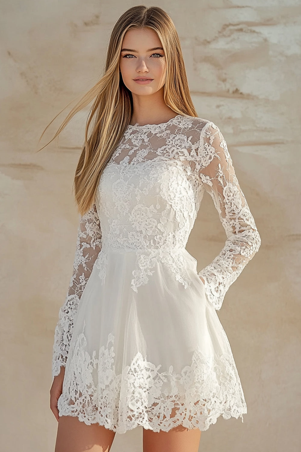 Wedtrend Women Lace Graduation Dress Scoop Neck A Line Long Sleeves Short Little White Dress WEDTREND Wedtrend Women Lace Graduation Dress Scoop Neck A Line Long Sleeves Short Little White Dress WEDTREND