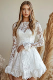 White A Line Long Sleeves Short Graduation Dress with Lace Appliques