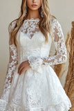 White A Line Long Sleeves Short Graduation Dress with Lace Appliques