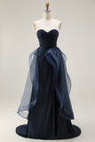 Navy Sweetheart Ruffled A-Line Ruched Long Prom Dress with Slit