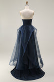 Navy Sweetheart Ruffled A-Line Ruched Long Prom Dress with Slit