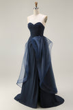 Navy Sweetheart Ruffled A-Line Ruched Long Prom Dress with Slit