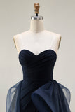 Navy Sweetheart Ruffled A-Line Ruched Long Prom Dress with Slit