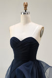Navy Sweetheart Ruffled A-Line Ruched Long Prom Dress with Slit
