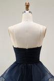 Navy Sweetheart Ruffled A-Line Ruched Long Prom Dress with Slit