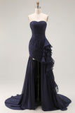 Navy Strapless A-Line Ruffled Pleated Long Prom Dress with Slit