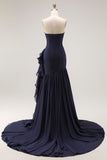 Navy Strapless A-Line Ruffled Pleated Long Prom Dress with Slit