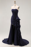 Navy Strapless A-Line Ruffled Pleated Long Prom Dress with Slit