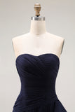 Navy Strapless A-Line Ruffled Pleated Long Prom Dress with Slit