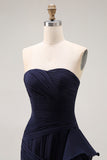 Navy Strapless A-Line Ruffled Pleated Long Prom Dress with Slit