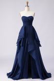 Navy Strapless A Line Ruffled Long Prom Dress with Slit